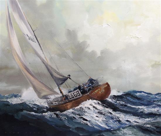 Dion Pears (1929-1985) Morning Cloud, Ted Heaths racing yacht at sea, 13 x 13in.